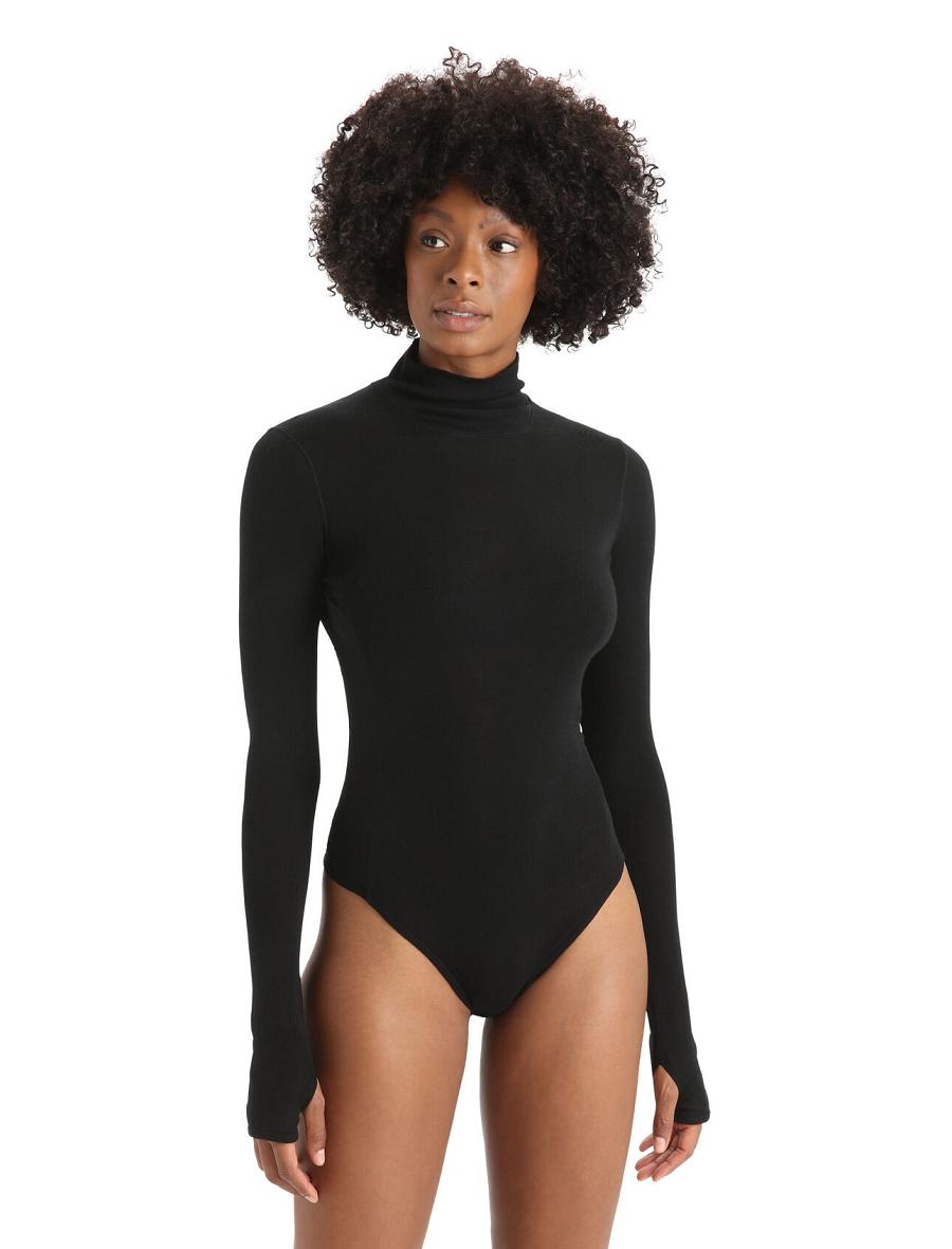 Women\'s Icebreaker Merino Queens Long Sleeve High Neck Bodysuit Underwear Black | CA 1246KORI